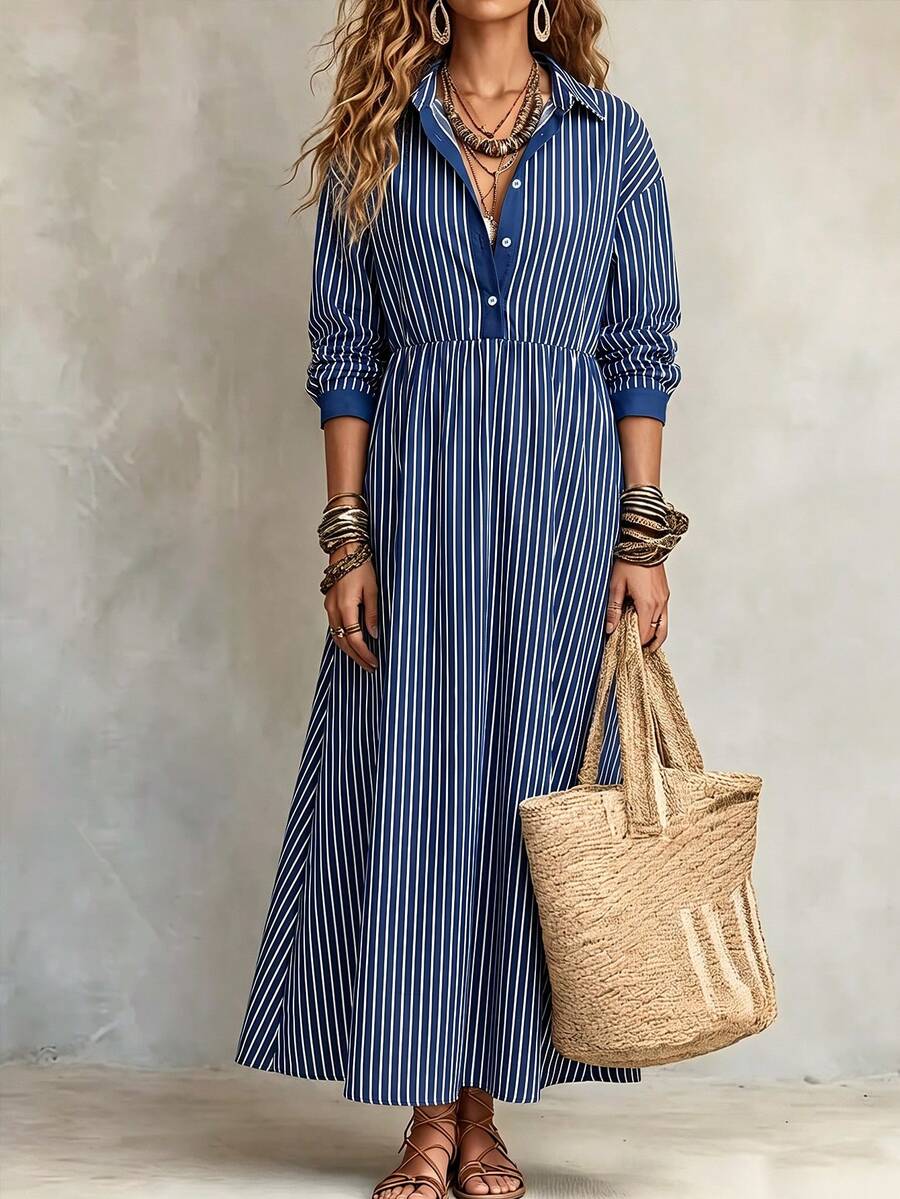 Linhara CURVE Plus Size Woven Striped Elegant Autumn Long Dress - Blue - View 1