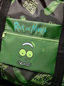 Rick and Morty X SHEIN 1件裝酸黃瓜科學家主題可折疊旅行托特包，輕量聚酯纖維行李套袋，附行李箱手提帶，大容量隨身旅行購物包，適合科幻卡通迷與旅行愛好者的完美禮物 - 黑綠 - 查看 9