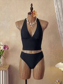 Swim Vcay 女款兩件式純色修身細肩帶綁帶比基尼套裝，可愛三角褲，熱銷海灘度假休閒優雅情人節派對背心吊帶比基尼套裝，女款假期優雅海灘穿搭泳裝 - 黑色 - 查看 3