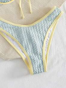 Swim Mod 新款女款 Coquette 可愛風夏季海灘度假風兩件式比基尼套裝，掛脖荷葉邊上衣配前綁帶設計，可調節肩帶，高衩性感三角褲，純黃波浪紋理面料，柔軟透氣輕盈快乾彈性材質，適合夏季度假、泳池派對、海灘假期、音樂節、母親節/婚禮假期、春假 - 藍色 - 查看 10