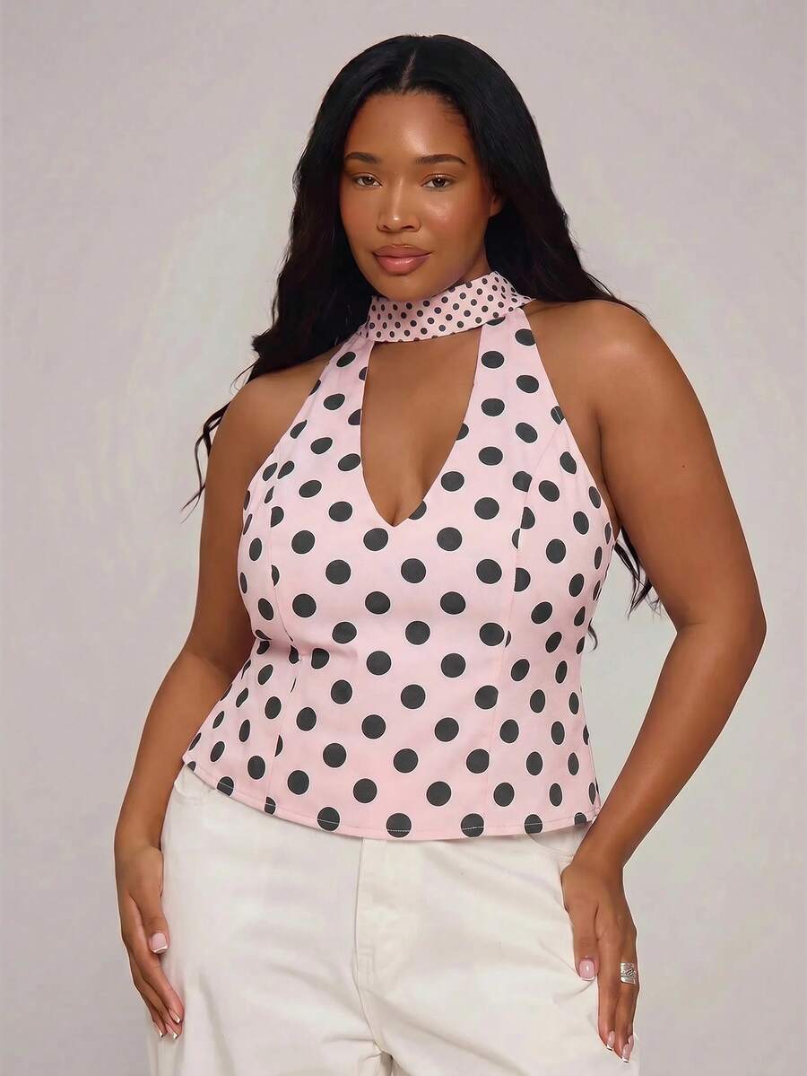 MUSERA Plus Size Polka Dot Cut Out Tie Scarf Top Spring Summer Vacation Holiday Casual 1920 Vintage Elegant Everyday Cute High Tea Tea Party Light Pink - Pink - View 1