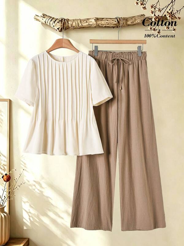 Rusticease Middle-Aged Women Solid Color Pleated Design Short Sleeve Shirt And Wide Leg Pants Set