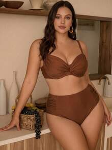 Swim Chiccia Plus Size Retro Burgundy Bikini Red,Summer,Classy,Beach,Holiday Twist Cup Uplift Support High Waist Side Ruched Solid Color 2-Piece Swimwear Set - Rust Brown - View 6