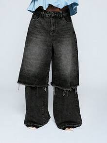 COUREZ Low Rise Layered Jorts Over Baggy Jeans In Black Wash/Y2K Autumn Clothes For Women Outfits Wide Leg Jeans Oversized Concert Bottoms Pants For Women - Grey - View 4