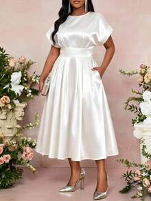 Fleurora Women's High Waist Short Sleeve Plus Size Dress - White - View 3