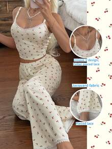 CottageSlumber Women's Silk Lace Cherry Jacquard Ribbed V-Neck Contrast Lace Casual Pajama Set - Apricot - View 2