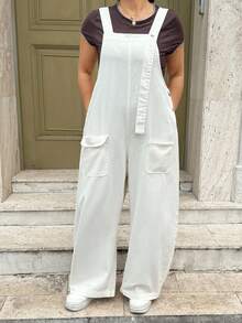 Rivivi Plus Size Women's Cargo Pocket Wide Leg Loose Casual Overalls Denim Jumpsuit - Beige - View 7