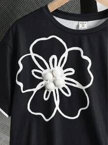 SHEIN Teen Girl Teen Girls T-Shirts Floral Print Crew Neck Short Sleeve Casual Versatile - Black - View 4