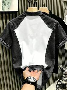 Manfinity Hypemode 美式復古丹寧風拼色落肩短袖 NY 字母印花 Polo 衫，街頭極簡短袖領口上衣，中性休閒上衣，男女款圖案 T 恤，夏季出遊短袖襯衫 - 彩色 - 查看 2
