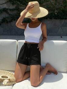 Joudiya Women Casual Solid Color Drawstring Waist Shorts, Summer Sweater Shorts - Black - View 10