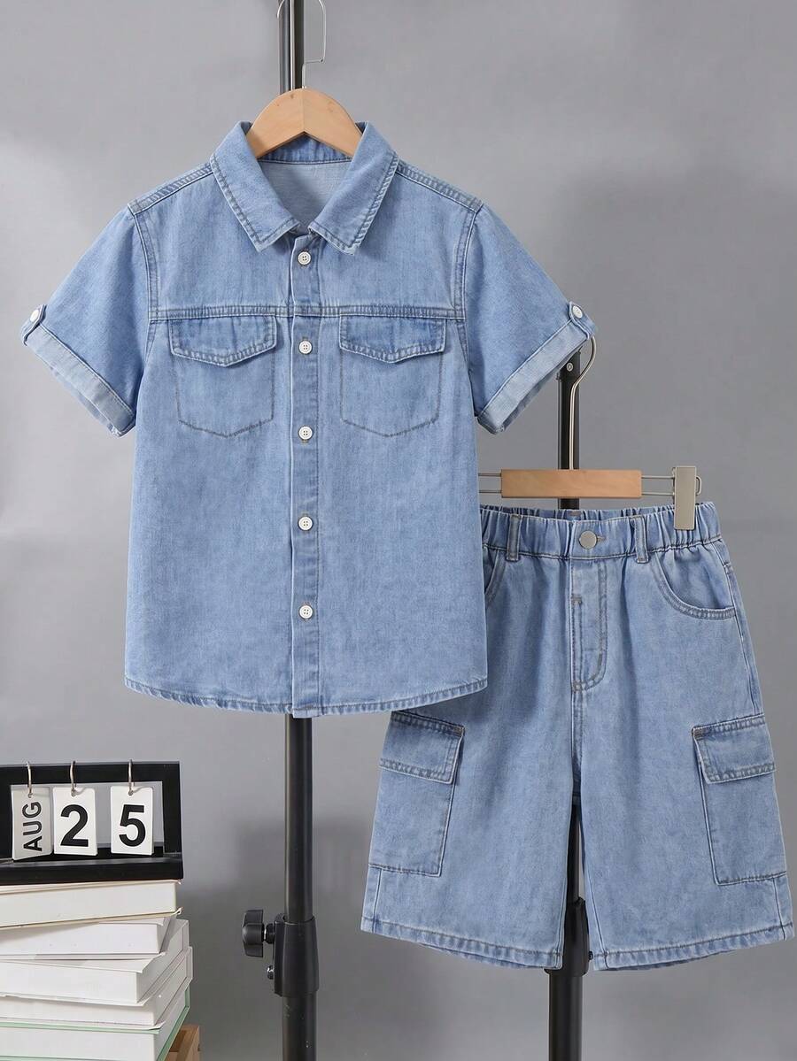 Tween Boys 2-Piece Set Fashion Casual Y2K Vintage Street Style Washed Light Blue Denim Short Sleeve Shirt And Multi-Pocket Cargo Shorts Outfit, Suitable For Daily Wear And Back To School Season - Light Wash - View 1