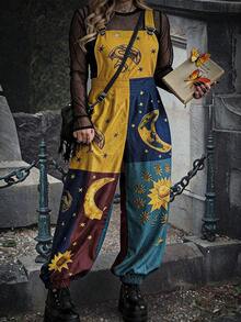 Whyspr Plus Size Dark Star Moon Print Overall Jumpsuit Fall - Multicolor - View 1