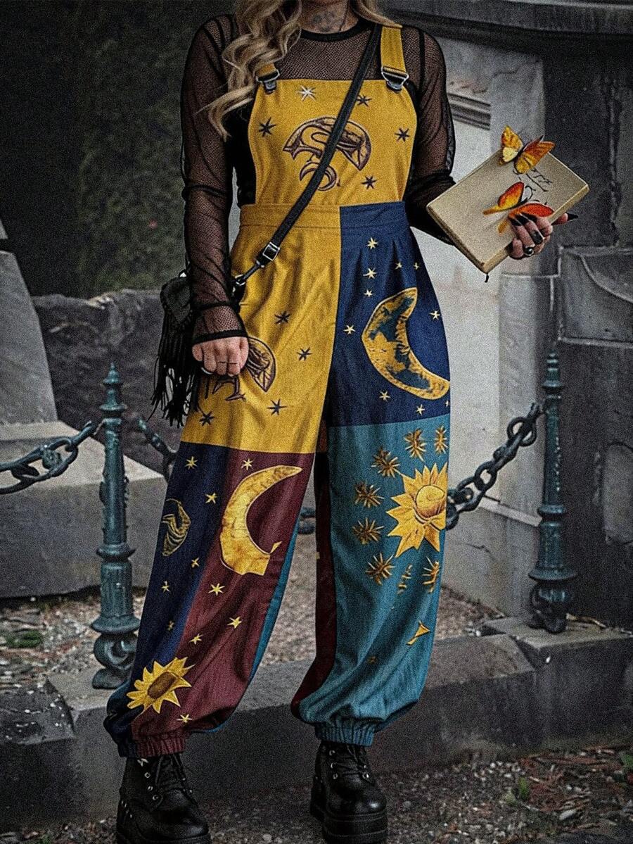 Whyspr Plus Size Dark Star Moon Print Overall Jumpsuit Fall - Multicolor - View 1