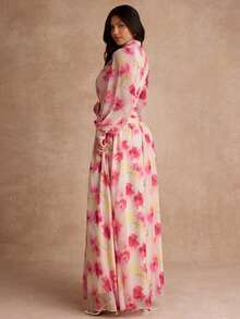 Enchnt Autumn Romantic Women's Elegant Beige Floral Print Lantern Sleeve 3D Long Dress Graduation Garden Party Day Party Wedding Daytime Mother Of The Bride - Pink - View 7