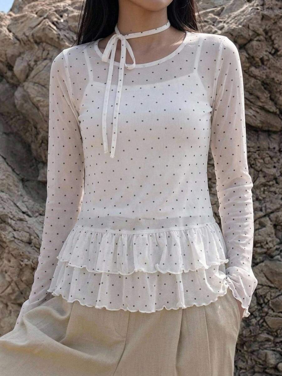 FRIFUL Women's Polka Dot Print Ruffle Hem Long Sleeve Sheer Top, Fashionable For Summer - White - View 1