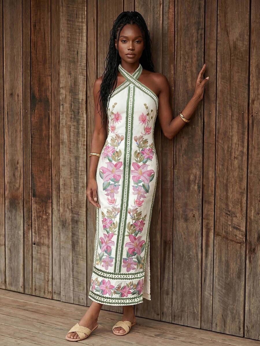 CAJUNI Vestido midi de punto con flores bordadas en rosa - Multicolor - Ver 1
