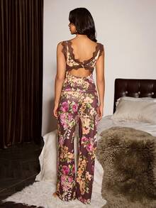 Slumberist Romantic Rose Print Lace Decor Deep V-Neck Backless Sleeveless Tank Top And Long Pants Women's Pajama Set - Multicolor - View 5
