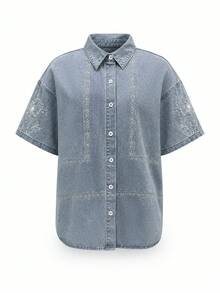 SHEIN LUNE Plus Size Women's Floral Embroidered Single-Breasted Short Sleeve Casual Denim Top - Light Wash - View 6