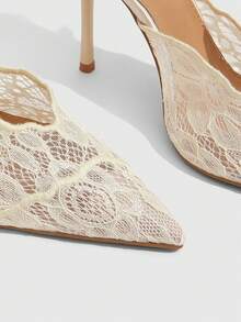 CUCCOO SZL 10.5CM 尖頭小貓鞋蕾絲刺繡米色高跟鞋 性感百搭優雅細跟女鞋 日常通勤 派對晚餐約會適用 - 米色 - 查看 10
