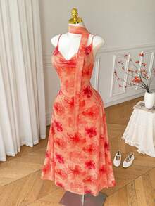 CovetEZ Plus Size Women's Elegant Floral Print Cowl Neck Spaghetti Strap Dress - Orange - View 1