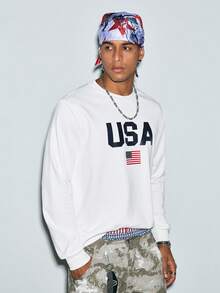 Modcrash US Flag Pattern Men's Basic Sweatshirt, Casual Street Style For Spring And Autumn, Long Sleeve Top - White - View 4