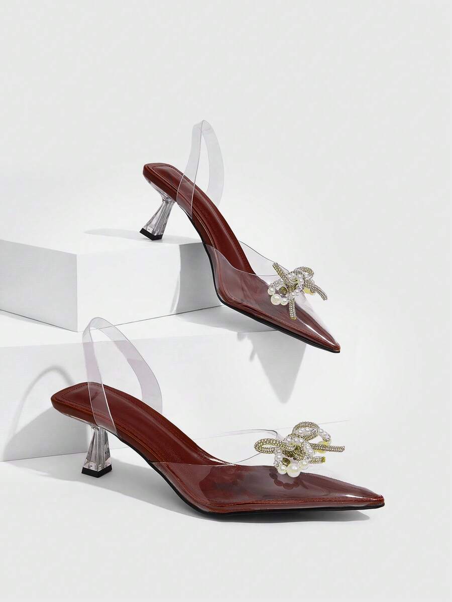 CUCCOO SZL Sepatu hak tinggi wanita model slingback transparan dengan detail pita berhiaskan rhinestones dan mutiara, ujung runcing. - Merah - View 1