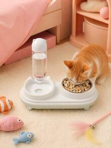 PETSIN 1SET 2 In 1 Automatic Water Supply Pet Double Bowl Feeder / Plastic Frame Stainless Steel Food Basin Cute Cat Head Shape Anti Slip Pet Feeding Tray, No Spill Splash Resistant Water Storage Design Easy Clean Detachable Structure - 500ml - View 2