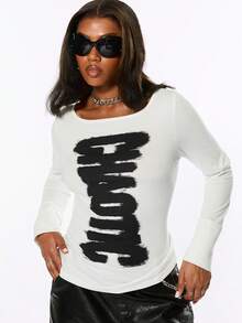 ROMWE Women's Long Sleeve T-Shirt, Ink Graffiti Slogan, White Sleeve, Button Split Hem, Hot Girl All-Match Versatile Streetwear - White - View 4