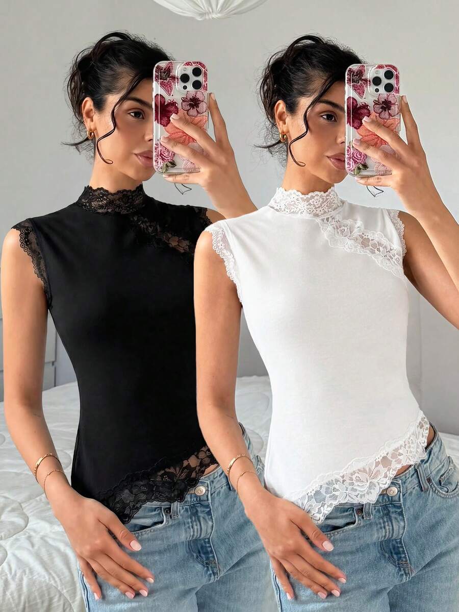 SHEIN EZwear 女款蕾絲拼接修身百搭日常穿搭上衣