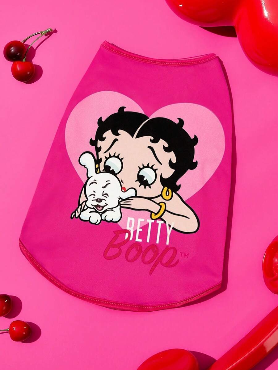 Betty Boop x SHEIN 復古女孩與小狗印花粉色寵物背心,心形背景無袖背心,適合貓咪與多尺寸狗狗 (XXS-XXXXXL),透氣卡通風格日常穿著 - 洋紅粉 - 查看 1