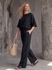 Faunlyn Women's Vacation Casual Basic Solid Color Shirt Pants 2 Pieces Set Cotton-Lin Brunch Black Summer - Black - View 8