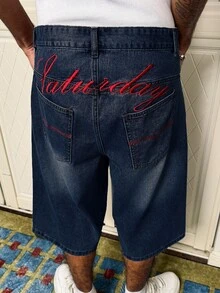 Manfinity EMRG 男士大尺碼刺繡寬腿牛仔短褲 - 中等水洗藍 - 查看 3