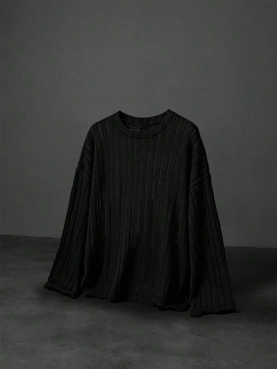 SUMWON Sheer Striped Long Sleeve Oversized Knit Top Crew Neck Semi-Transparent Relaxed Fit Pullover,See Through Shirts For Men,Mesh Tops Men - Black - View 1