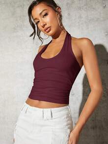 SHEIN BAE 女款 2 件組 95% 棉掛脖背心上衣，適合夏季 - 彩色 - 查看 4