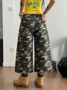 SHEIN Teen Girls Camouflage Denim Loose Wide Leg Long Pants Fall Winter Halloween Y2k Graduation Back To School - Army Green - View 7