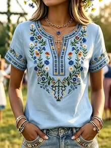 Selamara Women's V-Neck Floral Embroidered Pattern Casual Versatile Daily Wear Top - Blue - View 3