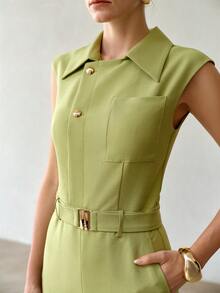 MOTF PREMIUM COLLARED HALF BUTTON SLEEVELESS JUMPSUIT - Green - View 2