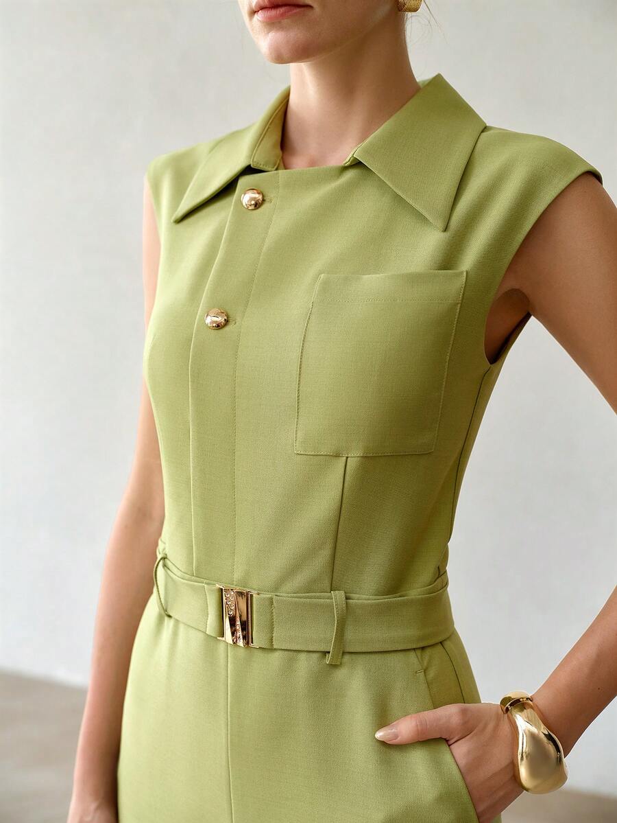 MOTF PREMIUM COLLARED HALF BUTTON SLEEVELESS JUMPSUIT - Green - View 2