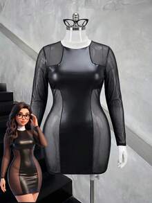 Spicy Aura Black Role Play Mesh & PU Patchwork Sexy Curve-Hugging Personalized Dress Plus Size Lingerie Costume - Black - View 6