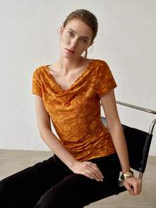 MOTF PREMIUM COWL NECK KNIT JACQUARD SLIM FIT SHORT SLEEVE T-SHIRT - Brown - View 2