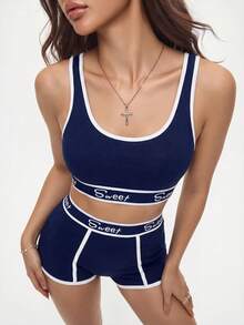 Rina Fox Set de lencería deportiva con sujetador de bloques de color y ribete de contraste y boxers cortos para yoga - Azul - Ver 3