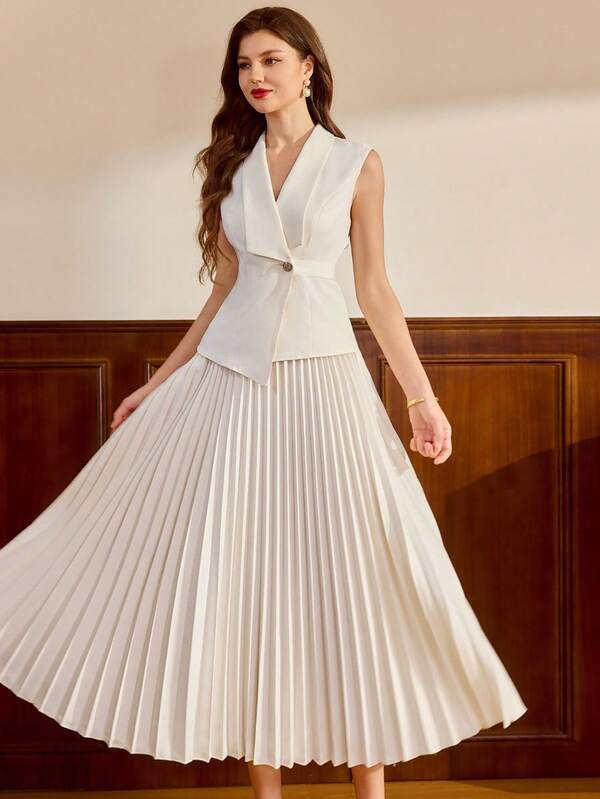 Vintamour Vintage Elegant Women 2-Piece Suit Set, Button Vest Top And Pleated Lapel Maxi Skirt, Casual Commute Holiday Festival