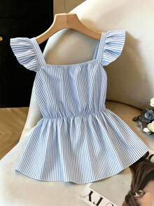 GlowEve Stylish Blue Striped Woven Peplum Blouse For Women With Sweetheart Neckline And Flutter Sleeve,Summer Commuting - Blue and White - View 2