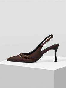 Mnmlis Chic Brown Satin Pointed Toe Slingback Pumps For Women With Stylish Gold Hardware And Slim Stiletto Heel Fall Shoes - dark brown - View 4
