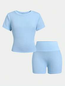SHEIN Tween Girl Fashion Casual Sports Knit Tracksuit - Blue - View 2