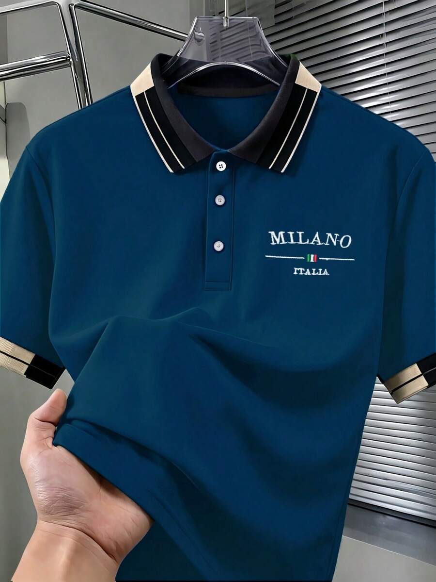 Calvornis 男士珠飾刺繡羅紋領短袖休閒 Polo 衫 - 霧霾藍 - 查看 1