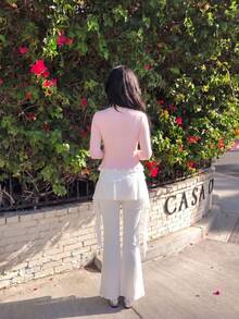SHEIN MOD Solid Color Flared Pants With Ribbon Design, Ruched Sides And Drawstring - White - View 3