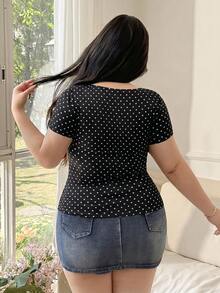 CovetEZ 大尺碼女款蕾絲飾邊波點休閒百搭日常T恤 - 黑與白 - 查看 2
