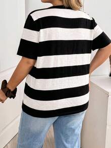 SHEIN CURVE+ Plus Size Women's Fashionable Casual Black And White Striped Knit Top Office Formal Summer - Black and White - View 2