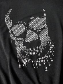 ROMWE Goth 萬聖節深黑色貓咪神秘大尺碼女款不對稱肩寬鬆運動衫 - 黑色 - 查看 2